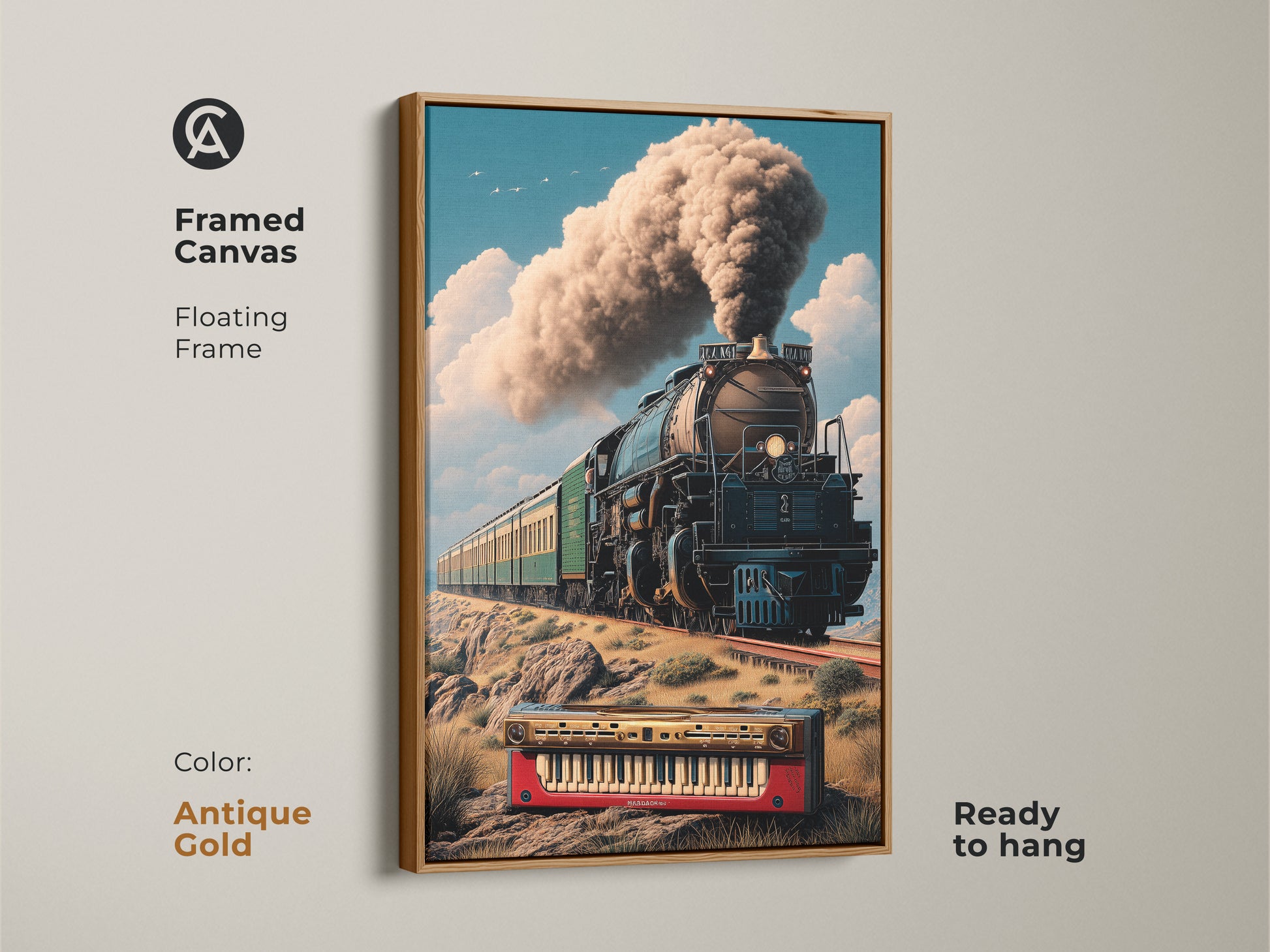 Antique gold framed canvas print of a steam train artwork. Surreal keyboard and locomotive combination blends music transport and vintage themes. Adds a touch of elegance to study room office or home decor. Floating frame enhances its beauty. Perfect eclectic art gift.