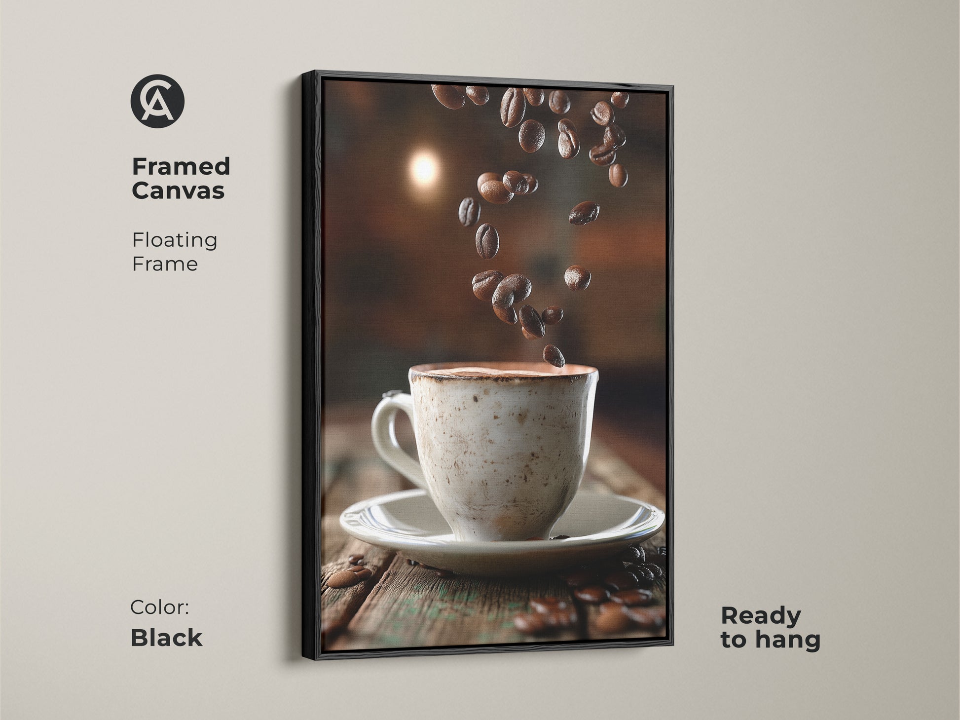 Framed canvas art of a coffee cup and beans. Black floating frame enhances the rustic artwork. Ready to hang this kitchen wall decor. A modern farmhouse art for coffee lovers.