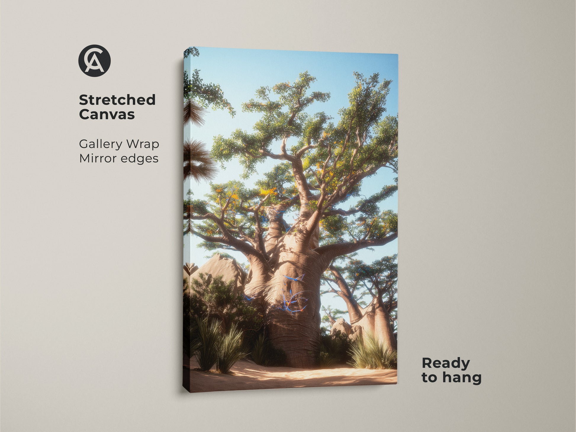 Stretched Canvas of a Baobab Tree Wall Art. Gallery wrapped with mirrored edges for a seamless look. This Desert Landscape Canvas Print is ready to hang. The boho home decor art brings African nature indoors.