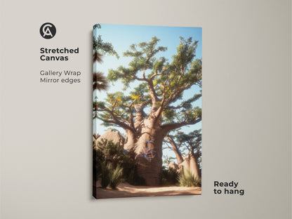 Stretched Canvas of a Baobab Tree Wall Art. Gallery wrapped with mirrored edges for a seamless look. This Desert Landscape Canvas Print is ready to hang. The boho home decor art brings African nature indoors.