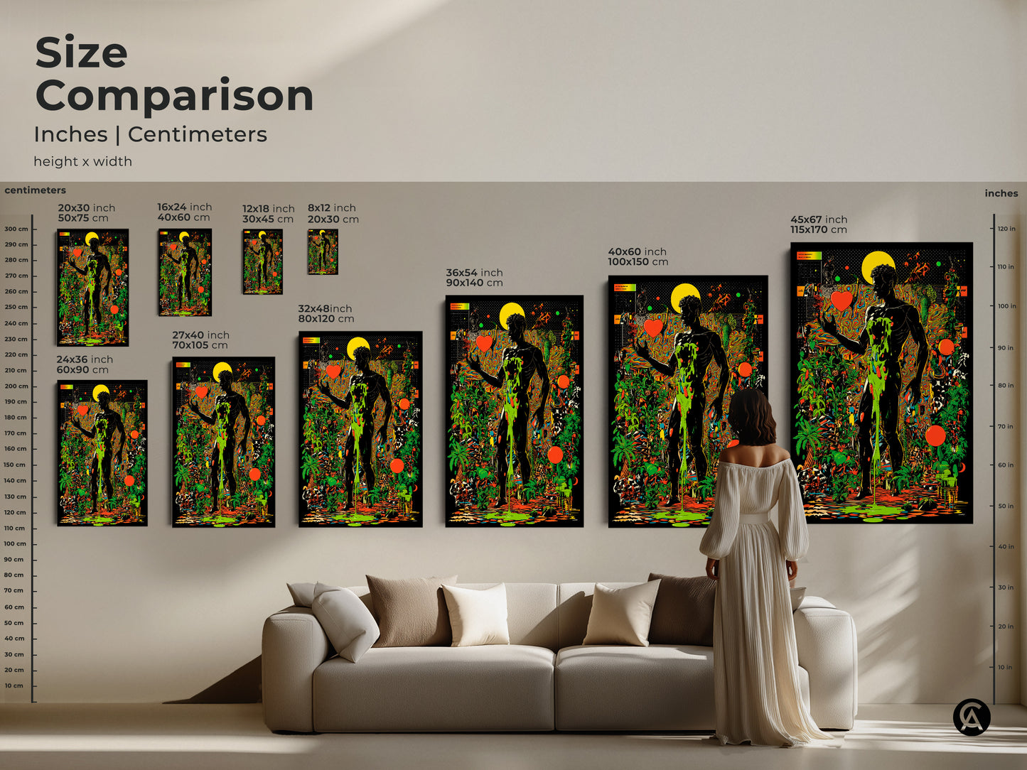 Size comparison of surreal man art prints on a wall. Inches and centimeters dimensions for psychedelic botanical wall art. See the scale of abstract black orange and green artwork. Canvas and poster sizes side by side.