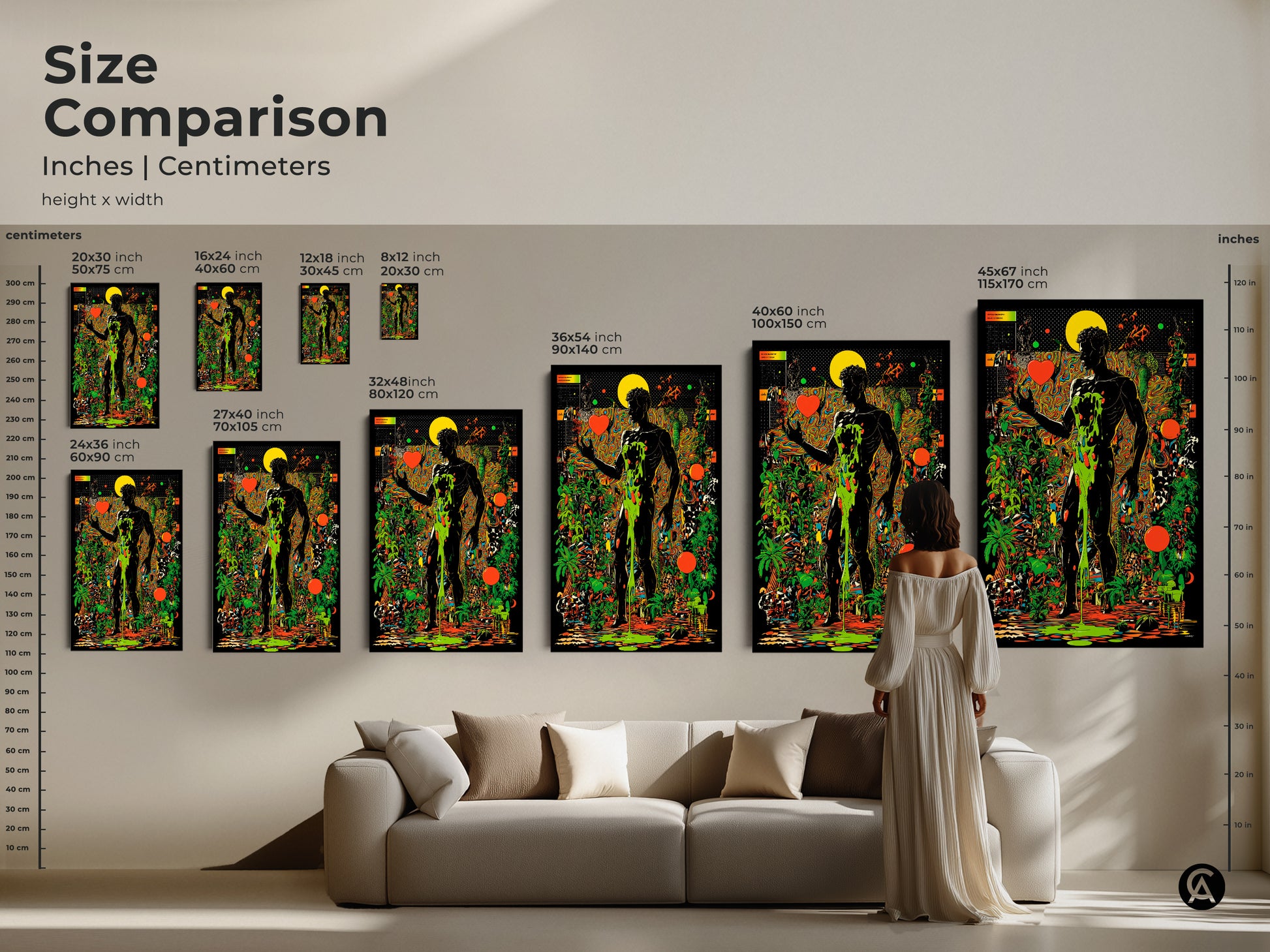 Size comparison of surreal man art prints on a wall. Inches and centimeters dimensions for psychedelic botanical wall art. See the scale of abstract black orange and green artwork. Canvas and poster sizes side by side.