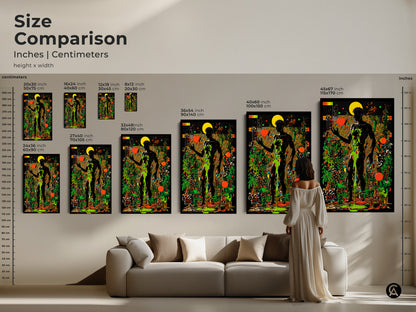 Size comparison of surreal man art prints on a wall. Inches and centimeters dimensions for psychedelic botanical wall art. See the scale of abstract black orange and green artwork. Canvas and poster sizes side by side.