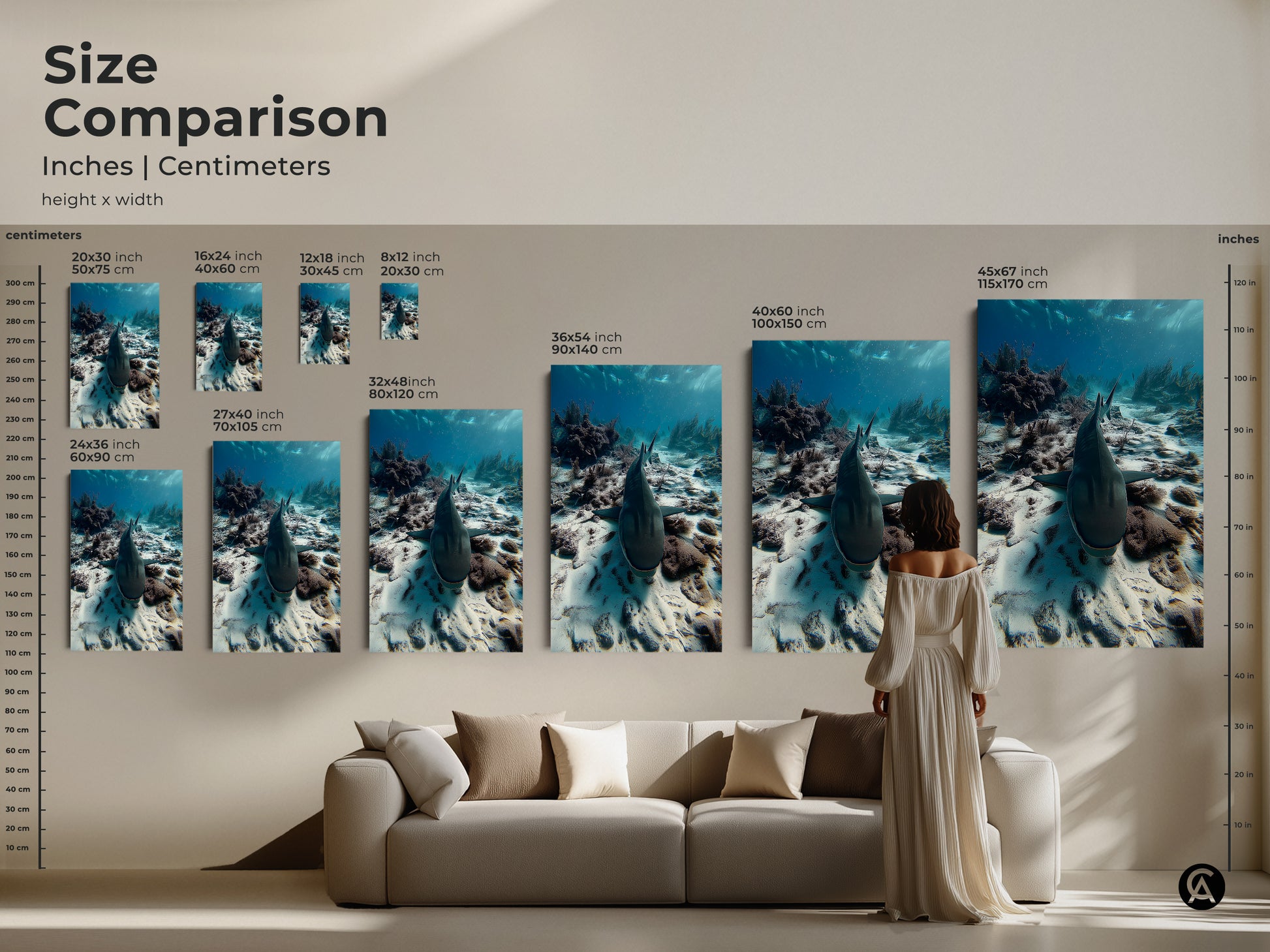 Size comparison of underwater shark artwork in inches and centimeters. This photorealistic ocean print is available in various sizes to fit any space. See how the artwork looks above a sofa. This teal marine life canvas makes a statement in any living room or study.