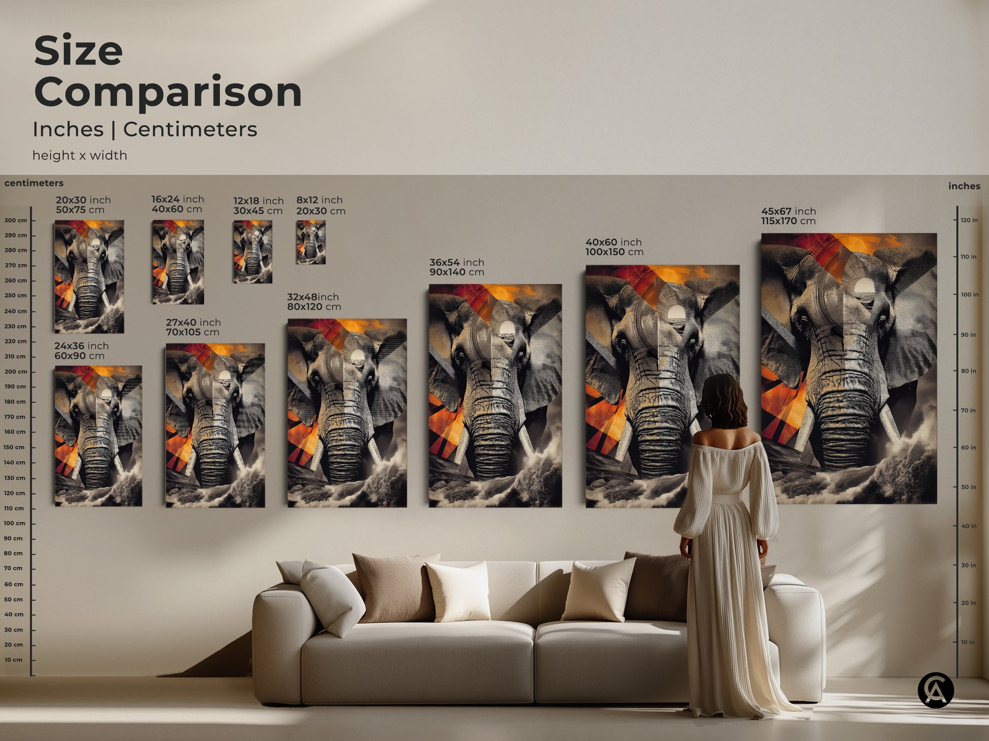 A size comparison chart showcasing the abstract elephant canvas art in various dimensions. Ranging from small prints to large statement pieces the modern collage wall art fits any space. Perfect for adding a nature-inspired touch to your study room or living area with this animal print.