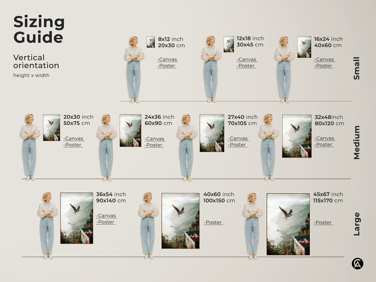 Sizing Guide vertical orientation showcasing the teal green grey coastal artwork with seagulls. This beach landscape art is available in small medium and large sizes for both canvas and poster options. Find the perfect fit for your space to bring in tranquil ocean art.