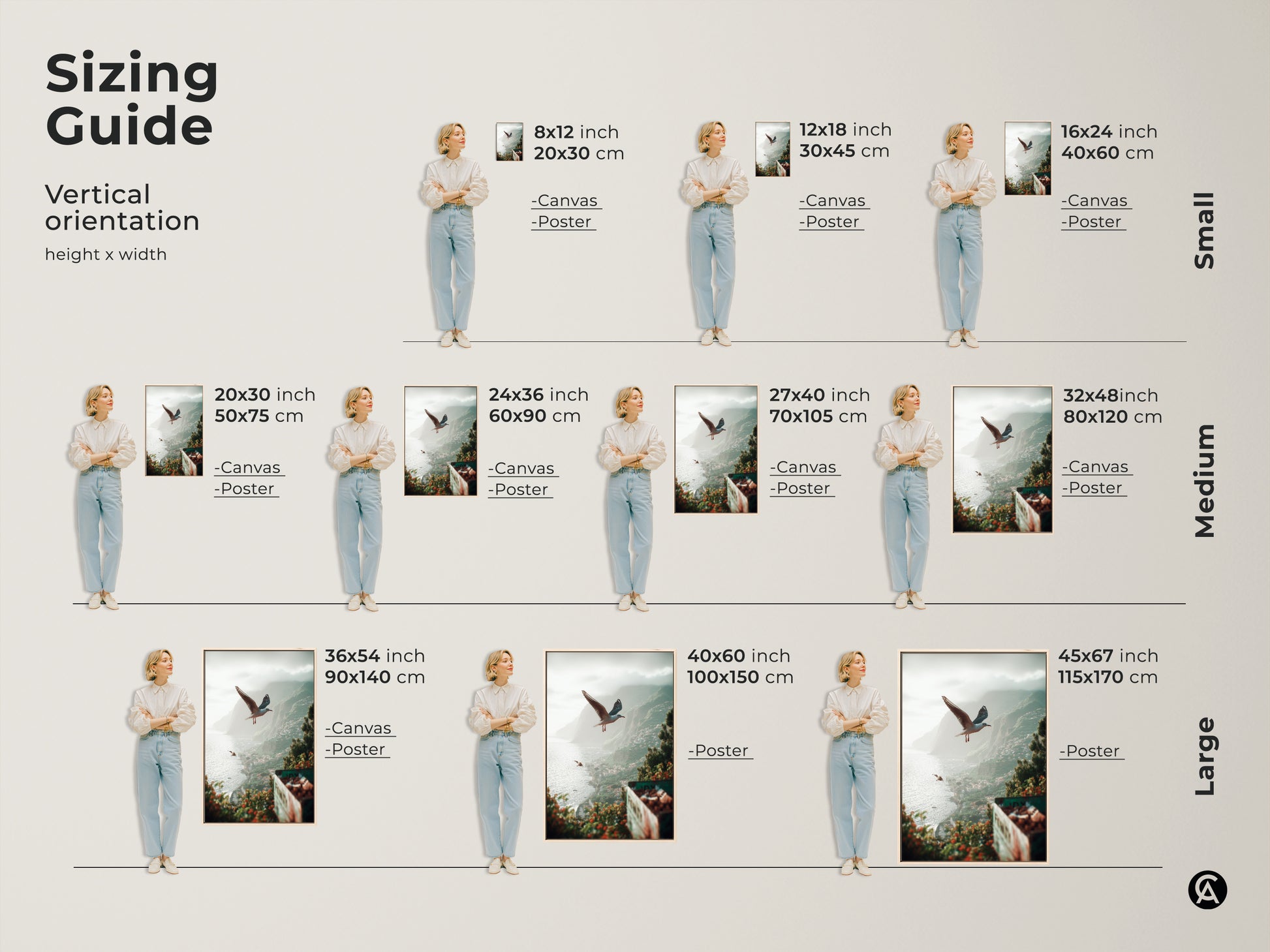 Sizing Guide vertical orientation showcasing the teal green grey coastal artwork with seagulls. This beach landscape art is available in small medium and large sizes for both canvas and poster options. Find the perfect fit for your space to bring in tranquil ocean art.
