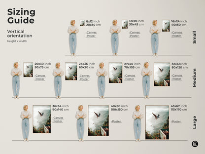 Sizing Guide vertical orientation showcasing the teal green grey coastal artwork with seagulls. This beach landscape art is available in small medium and large sizes for both canvas and poster options. Find the perfect fit for your space to bring in tranquil ocean art.