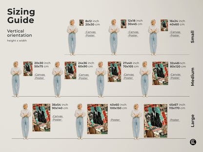 Sizing guide for the Man in Suit collage art print. This vertical orientation art is available in small medium and large sizes. Visualize the canvas and poster options in various dimensions. Find the ideal fit for your wall decor needs.