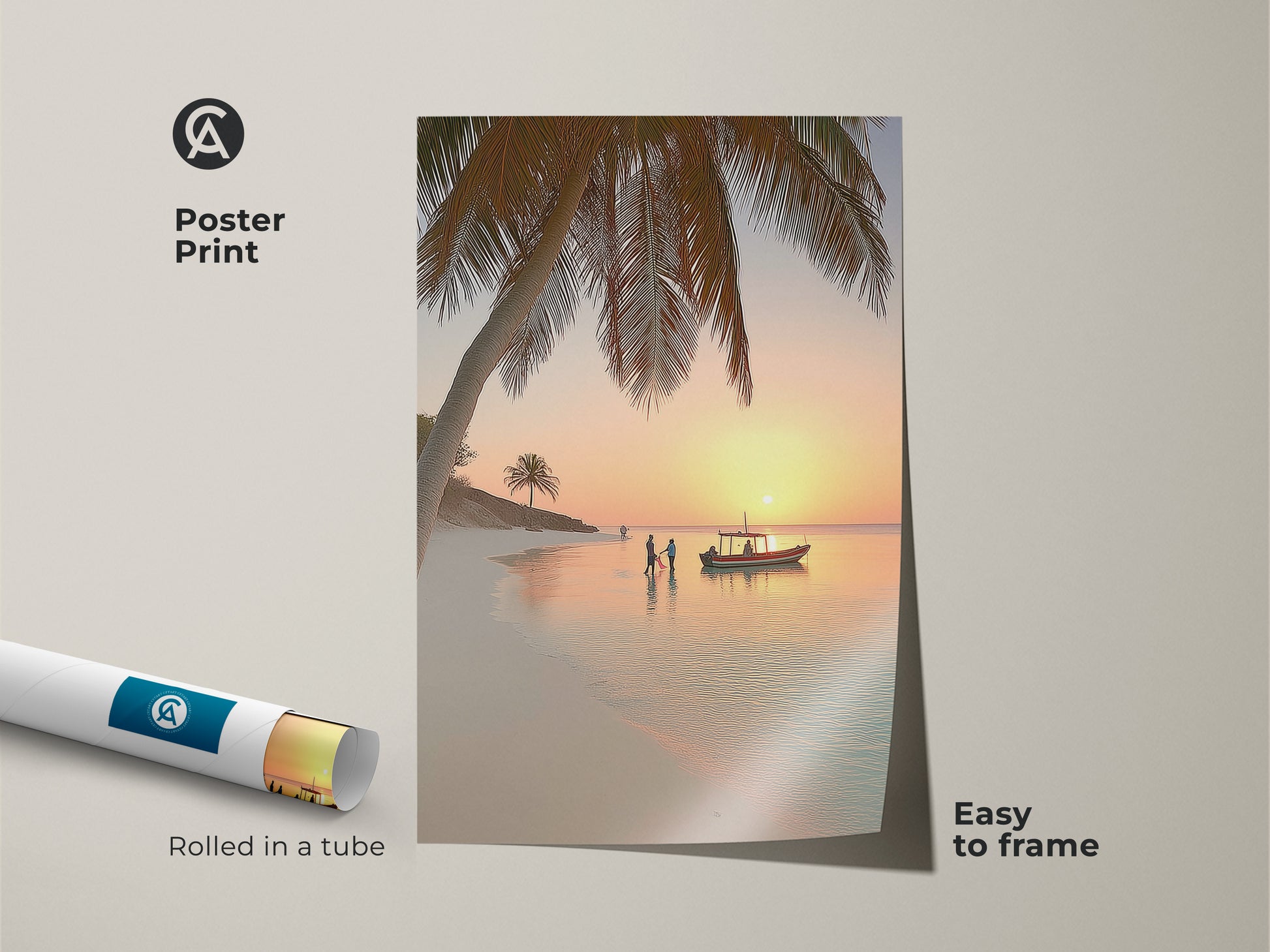 Poster print showcasing a serene beach sunset. The artwork features a coastal palm tree and boat on the ocean. Rolled in a tube this tropical ocean landscape is easy to frame. The orange yellow teal beach artwork adds a touch of summer to any room.