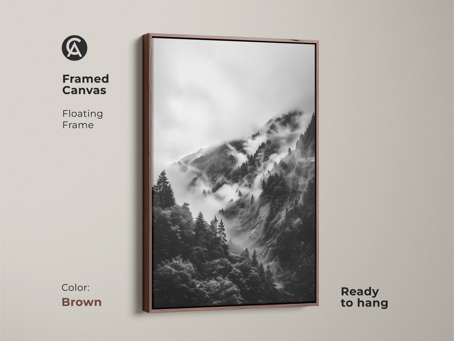 Brown framed canvas displaying a foggy forest art piece. This black and white landscape adds a touch of nature to any room. It's a ready to hang mountain forest art.