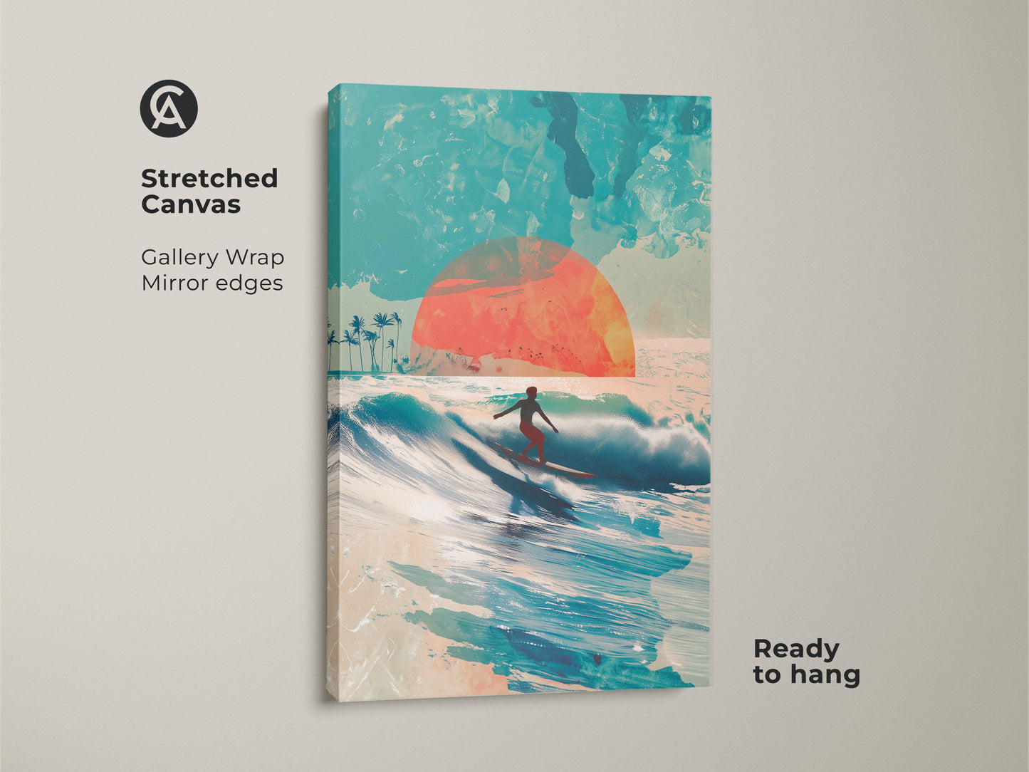 Stretched canvas art showcasing a surfer riding a wave during sunset. The gallery wrap and mirror edges give it a clean contemporary look. This ocean-themed artwork adds a touch of the beach to any space. Its ready to hang feature simplifies decorating.