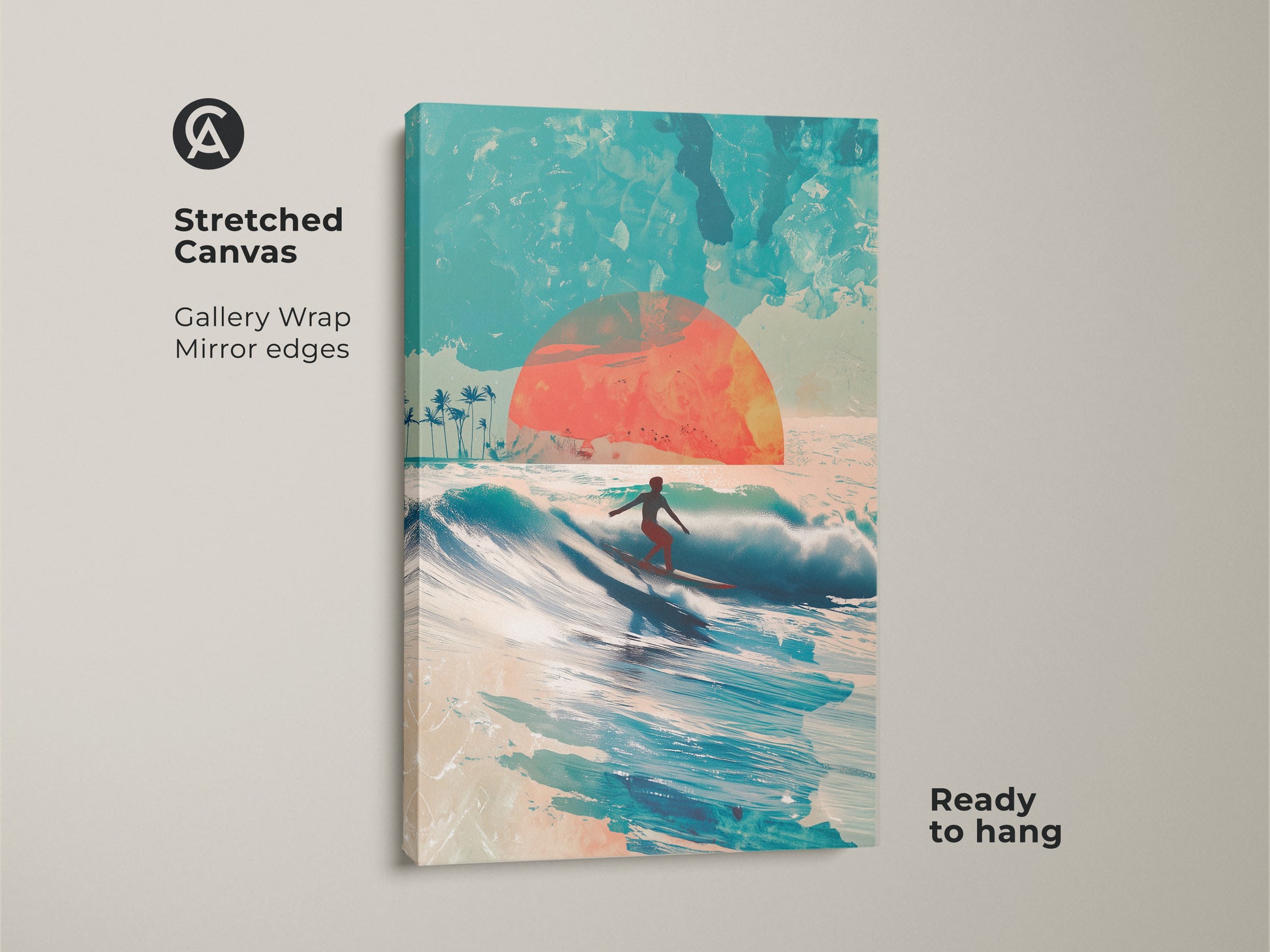 Stretched canvas art showcasing a surfer riding a wave during sunset. The gallery wrap and mirror edges give it a clean contemporary look. This ocean-themed artwork adds a touch of the beach to any space. Its ready to hang feature simplifies decorating.