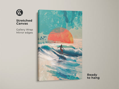 Stretched canvas art showcasing a surfer riding a wave during sunset. The gallery wrap and mirror edges give it a clean contemporary look. This ocean-themed artwork adds a touch of the beach to any space. Its ready to hang feature simplifies decorating.