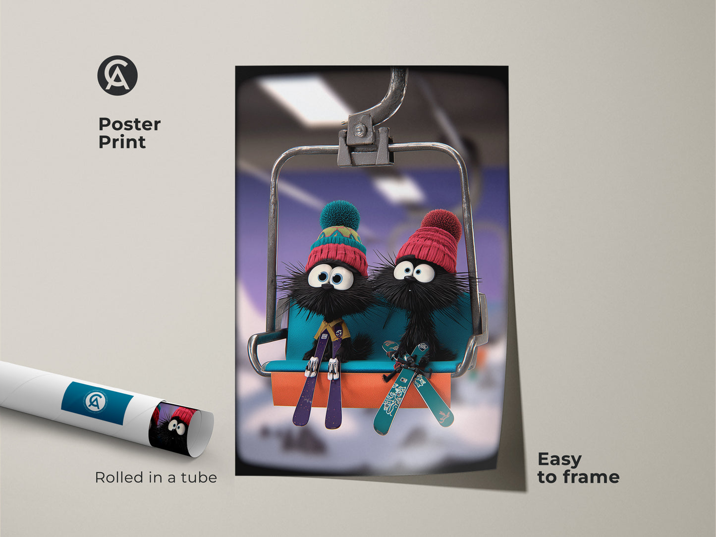 Easy to frame poster print of cute cartoon furballs on a ski trip. This winter animal wall art features the furry furballs on a ski lift. The playful characters and blue teal aesthetic make it ideal for a kids' room. Rolled in a tube for safe shipping this print will make a delightful children's gift.