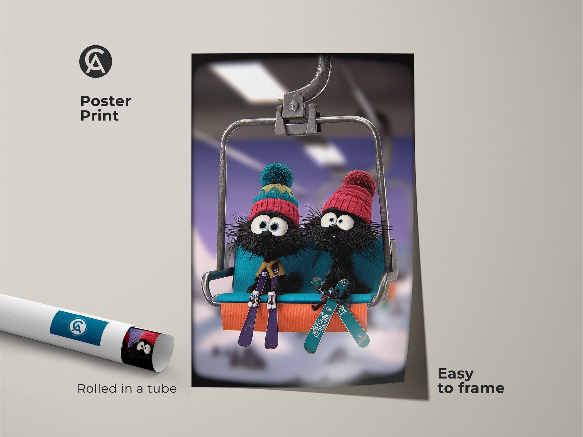 Easy to frame poster print of cute cartoon furballs on a ski trip. This winter animal wall art features the furry furballs on a ski lift. The playful characters and blue teal aesthetic make it ideal for a kids' room. Rolled in a tube for safe shipping this print will make a delightful children's gift.