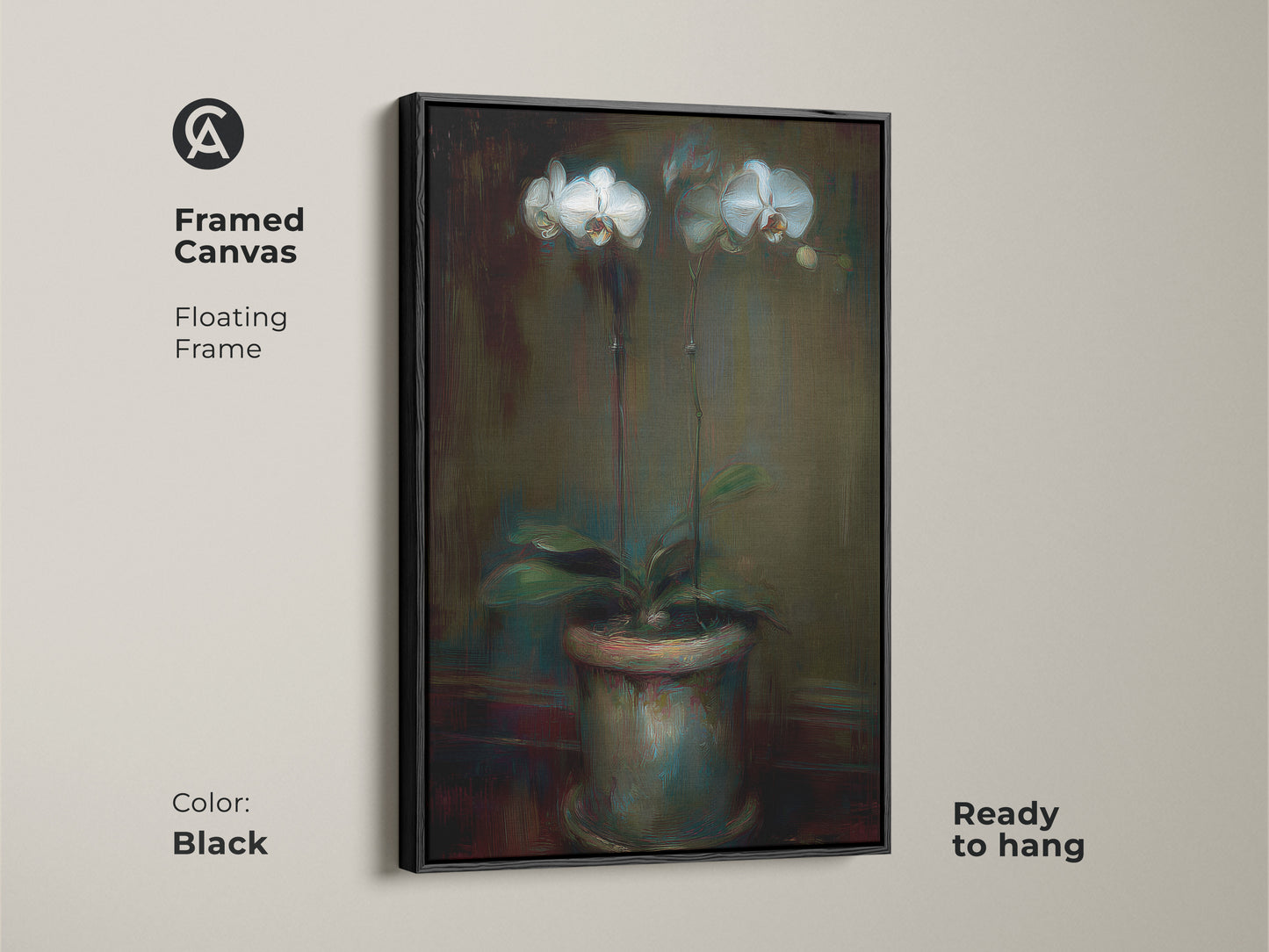 Framed canvas of an emerald green orchid artwork with a black floating frame. Ready to hang contemporary botanical decor. This floral canvas art enhances any space. A sophisticated gift for plant lovers. The potted plant artwork adds elegance.