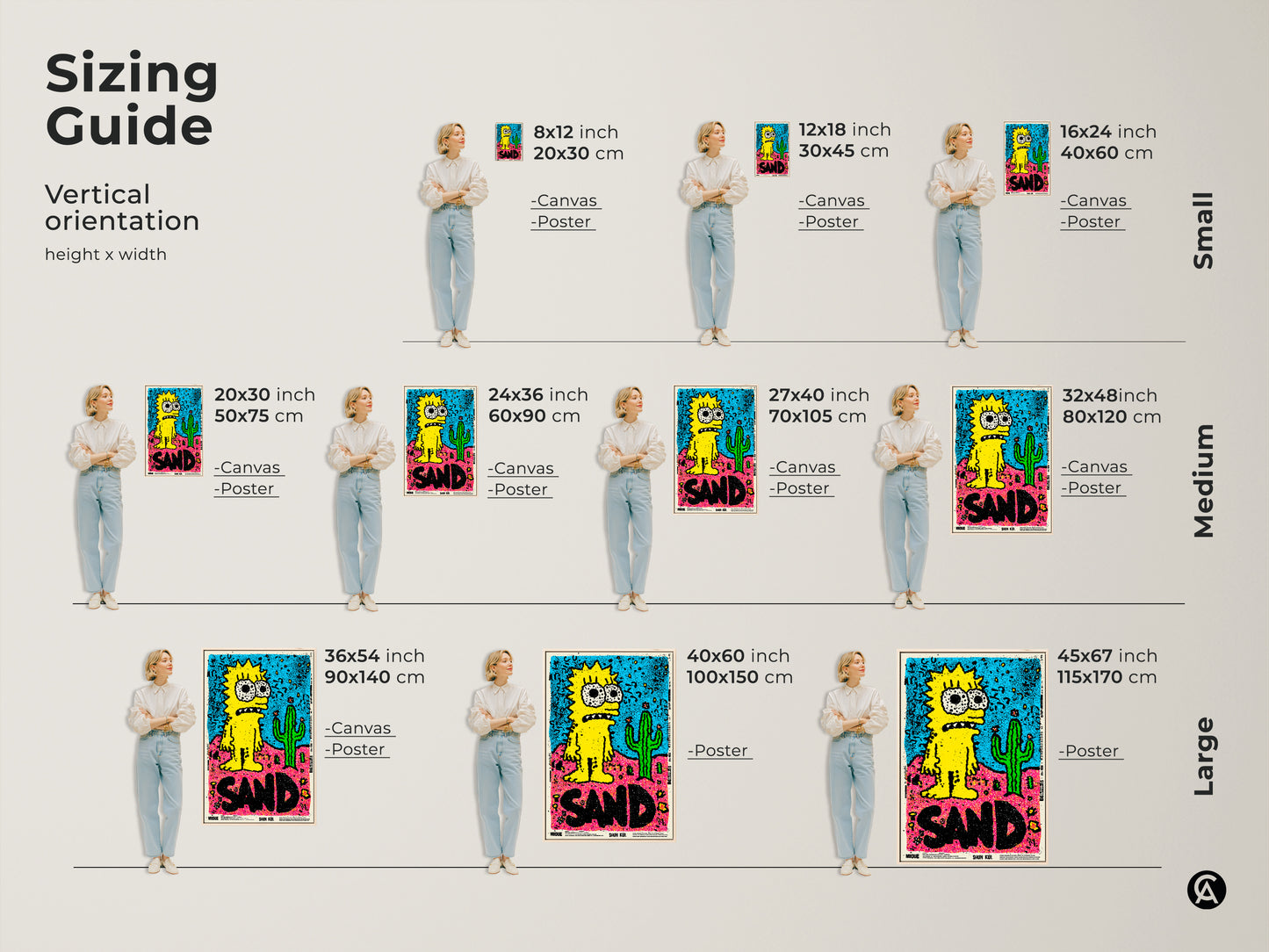 Sizing Guide for Vertical Art Prints. Visualize how different sizes of the Simpsons inspired artwork look in a room. Available as canvas or poster to fit your space and style.