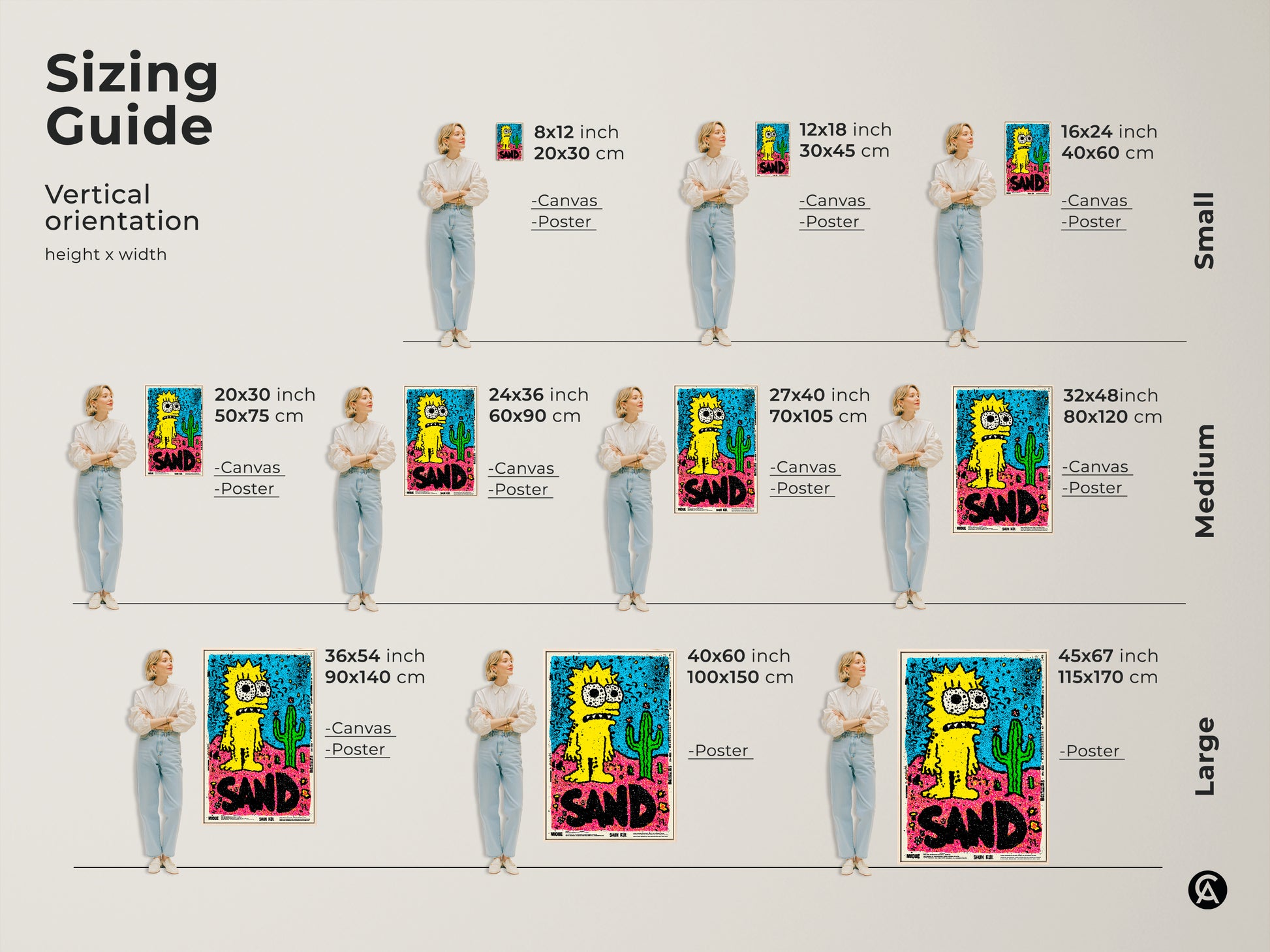 Sizing Guide for Vertical Art Prints. Visualize how different sizes of the Simpsons inspired artwork look in a room. Available as canvas or poster to fit your space and style.