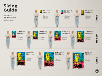 Sizing Guide for Vertical Art Prints. Visualize how different sizes of the Simpsons inspired artwork look in a room. Available as canvas or poster to fit your space and style.