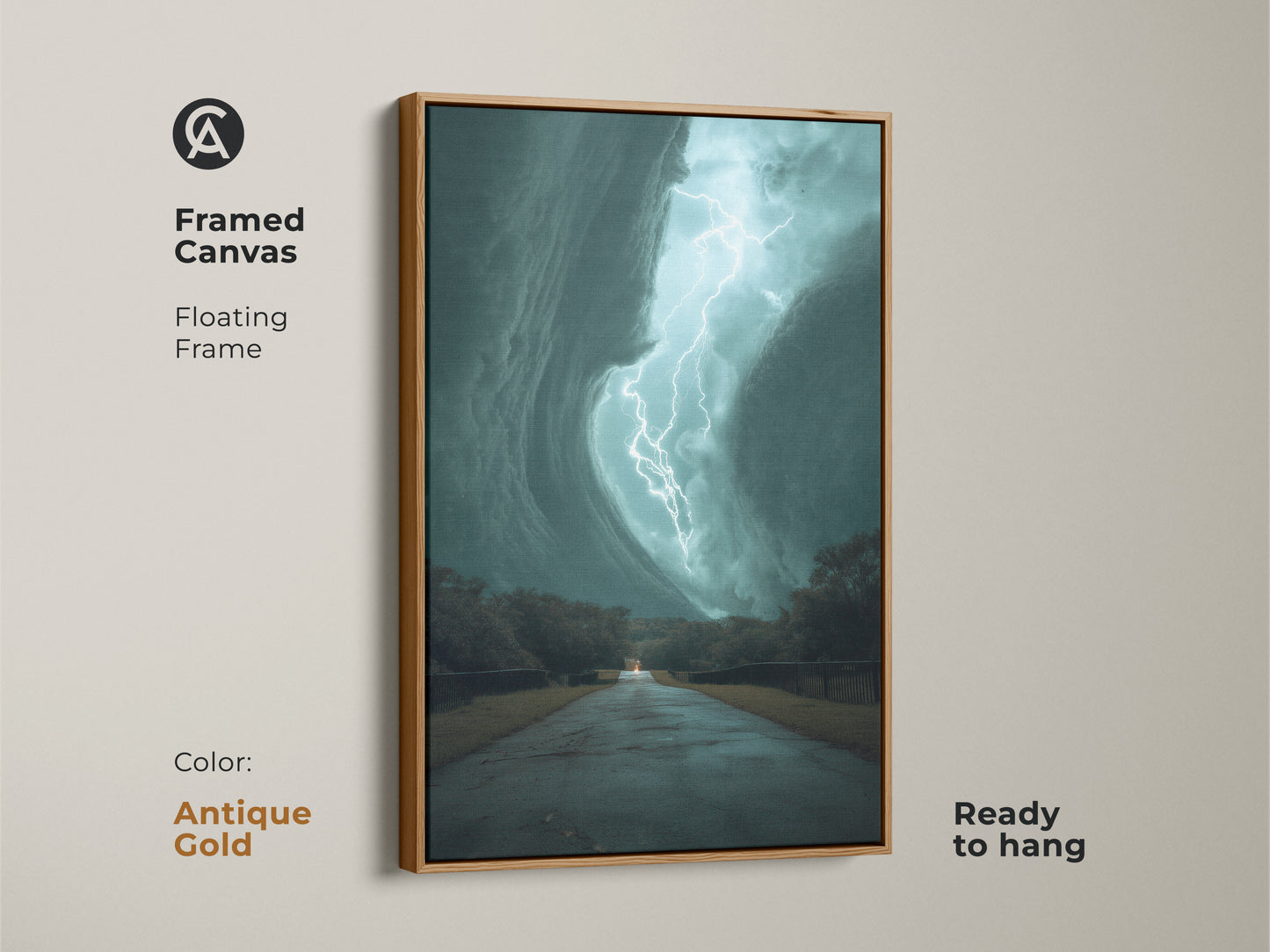 This framed canvas features a teal lightning storm with an antique gold floating frame. It is ready to hang. The artwork captures a dramatic lightning strike over a road. This nature weather artwork print brings cinematic flair to any space. Perfect as travel themed home decor or modern office artwork.