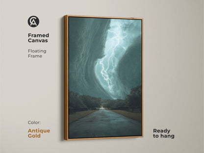 This framed canvas features a teal lightning storm with an antique gold floating frame. It is ready to hang. The artwork captures a dramatic lightning strike over a road. This nature weather artwork print brings cinematic flair to any space. Perfect as travel themed home decor or modern office artwork.
