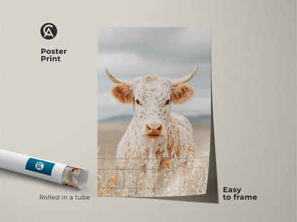 Poster print of a white and brown speckled longhorn cow. The cow is behind a barbed wire fence. Small orange wildflowers grow at the base. This museum-quality paper poster is easy to frame. Enhance your space with this cow art.