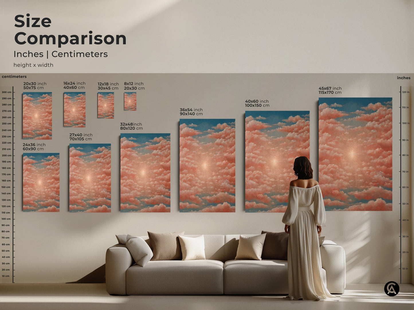 Dreamy surrealist interpretation of a sunrise rendered in coral pink and blue hues. Boho aesthetic and spiritual undertones make it perfect for a bedroom. High-quality canvas art.