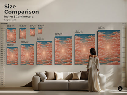 Dreamy surrealist interpretation of a sunrise rendered in coral pink and blue hues. Boho aesthetic and spiritual undertones make it perfect for a bedroom. High-quality canvas art.
