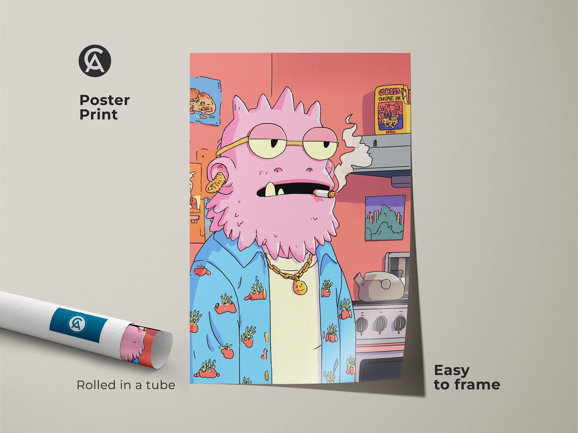 A poster print of a quirky pink monster. The surreal character is rolled in a tube. This pop culture cartoon poster is easy to frame. It makes an eclectic bedroom wall decor or a unique art gift for fans of funny monster artwork.