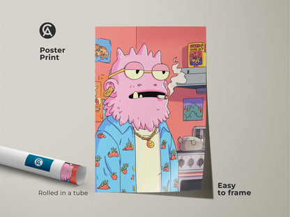 A poster print of a quirky pink monster. The surreal character is rolled in a tube. This pop culture cartoon poster is easy to frame. It makes an eclectic bedroom wall decor or a unique art gift for fans of funny monster artwork.