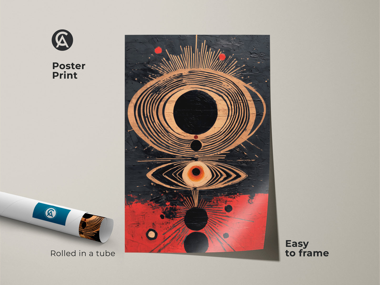 Poster print of abstract eye wall art. This symbolic sunburst art features crimson copper and black shades. Easy to frame this eclectic study decor creates a modern look. Rolled in a tube this spiritual gift is unique.