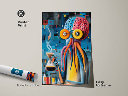 This framed canvas features a surreal octopus art. This is an abstract octopus with a coffee pour-over set. The artwork has a black floating frame. The art brings an eclectic touch to any room. Perfect for kitchen decor. This canvas is ready to hang and adds vibrant fantasy to your home.
