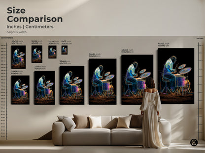 Size comparison for abstract drummer art. Choose from various sizes in inches and centimeters. Transform your space with this eclectic artwork a perfect statement piece for any music room or studio