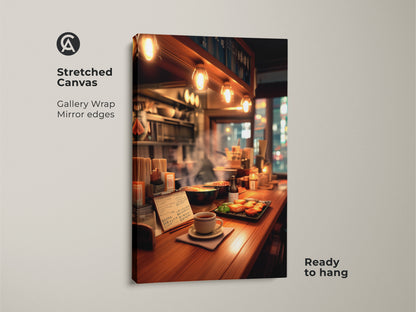Stretched canvas print showcasing a ramen bar scene. Gallery wrapped with mirror edges. This ready-to-hang artwork captures the ambiance of a Japanese eatery. Ideal for adding a touch of culinary art to your home decor. 