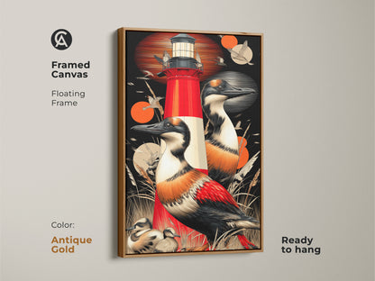 This antique gold framed canvas features red lighthouse art with seabirds. A stylish addition to coastal entryway decor or for anyone loving nautical prints. The artwork features vibrant red and orange hues that create a retro aesthetic. A great housewarming gift for maritime wall hanging or unique wall decor