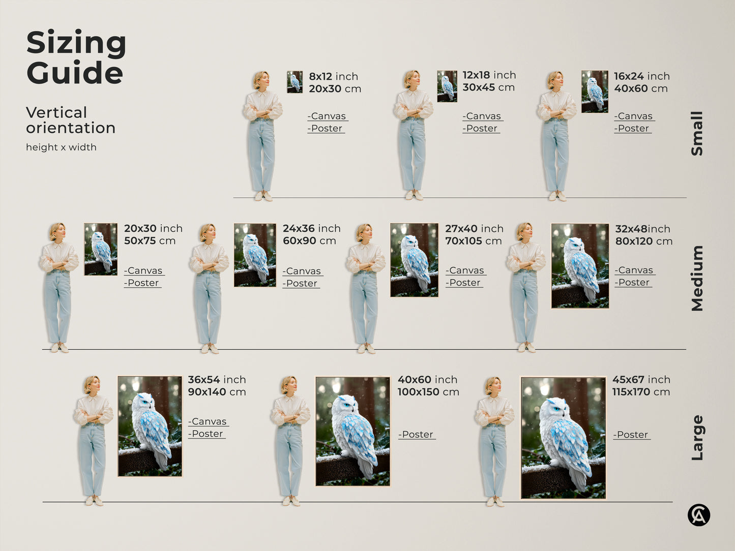 Sizing guide displaying various sizes of the fantasy snowy owl artwork. The blue crystal feathered winter bird art is perfect for small medium and large spaces. See the possibilities for this nature inspired wall art.