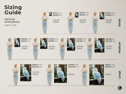 Sizing guide displaying various sizes of the fantasy snowy owl artwork. The blue crystal feathered winter bird art is perfect for small medium and large spaces. See the possibilities for this nature inspired wall art.