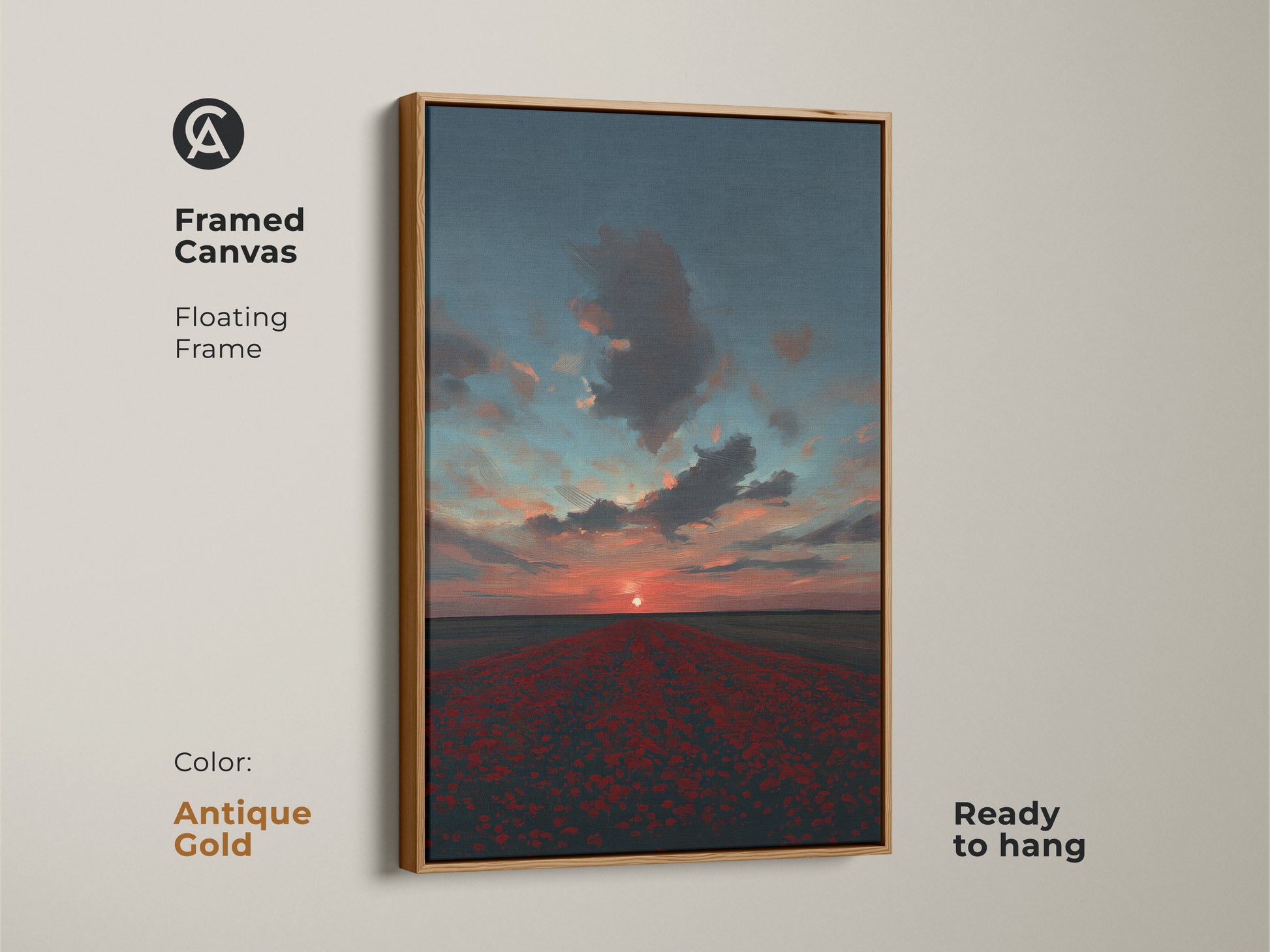 This framed canvas shows a poppy field sunset in crimson orange and teal tones. The antique gold floating frame enhances its rustic wall art style. Ready to hang this floral field canvas is a great addition to bohemian wall decor. It is an ideal housewarming gift.