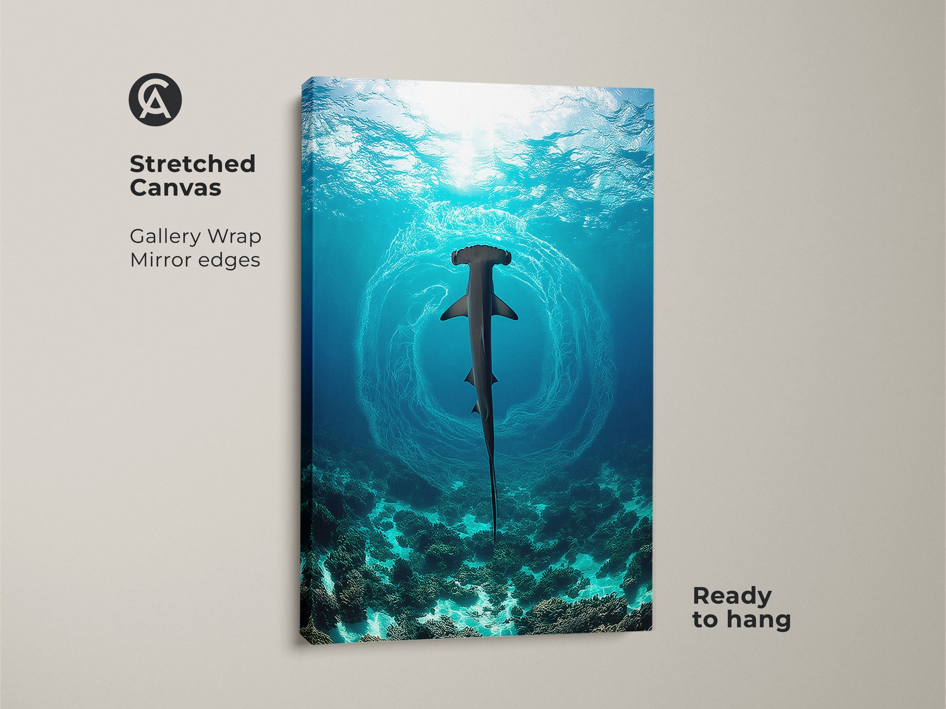 Stretched canvas of a hammerhead shark underwater. This ocean wildlife artwork has gallery wrapped mirror edges. Ready to hang and showcases a deep blue teal wall decor. The naturalistic shark painting brings coastal charm.