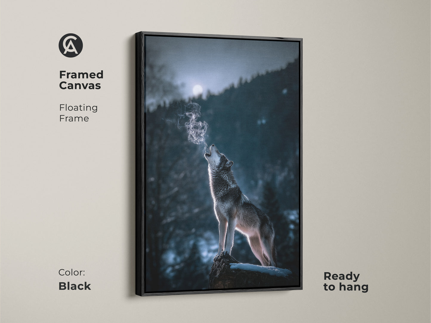 Framed canvas of a wolf howling at the moon in a blue gray forest. This floating frame is black. The rustic forest wall art is ready to hang. This wildlife print adds an atmospheric touch to any space. It is ideal for nature and animal lovers.