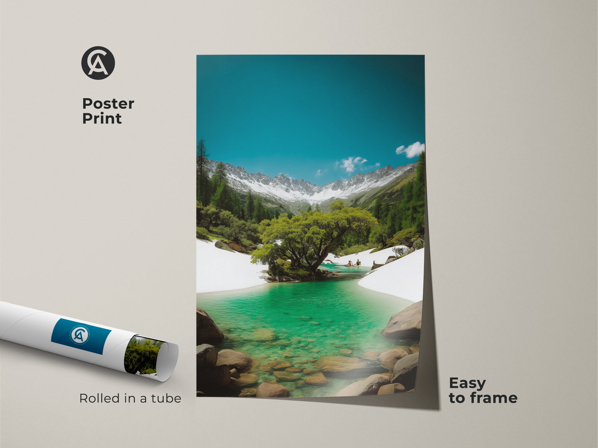 Poster print of a scenic turquoise lake with snowy mountains. The realistic nature artwork is easy to frame. This landscape print brings the outdoors inside. Rolled in a protective tube.