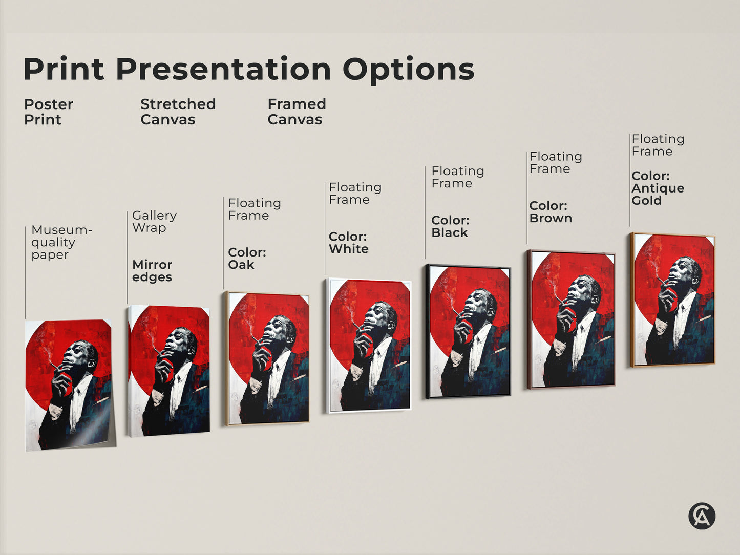 Print presentation options for jazz musician canvas prints and posters. Museum quality edges are available. Choose from framed canvas options in oak white black brown or antique gold. Find art for music rooms.