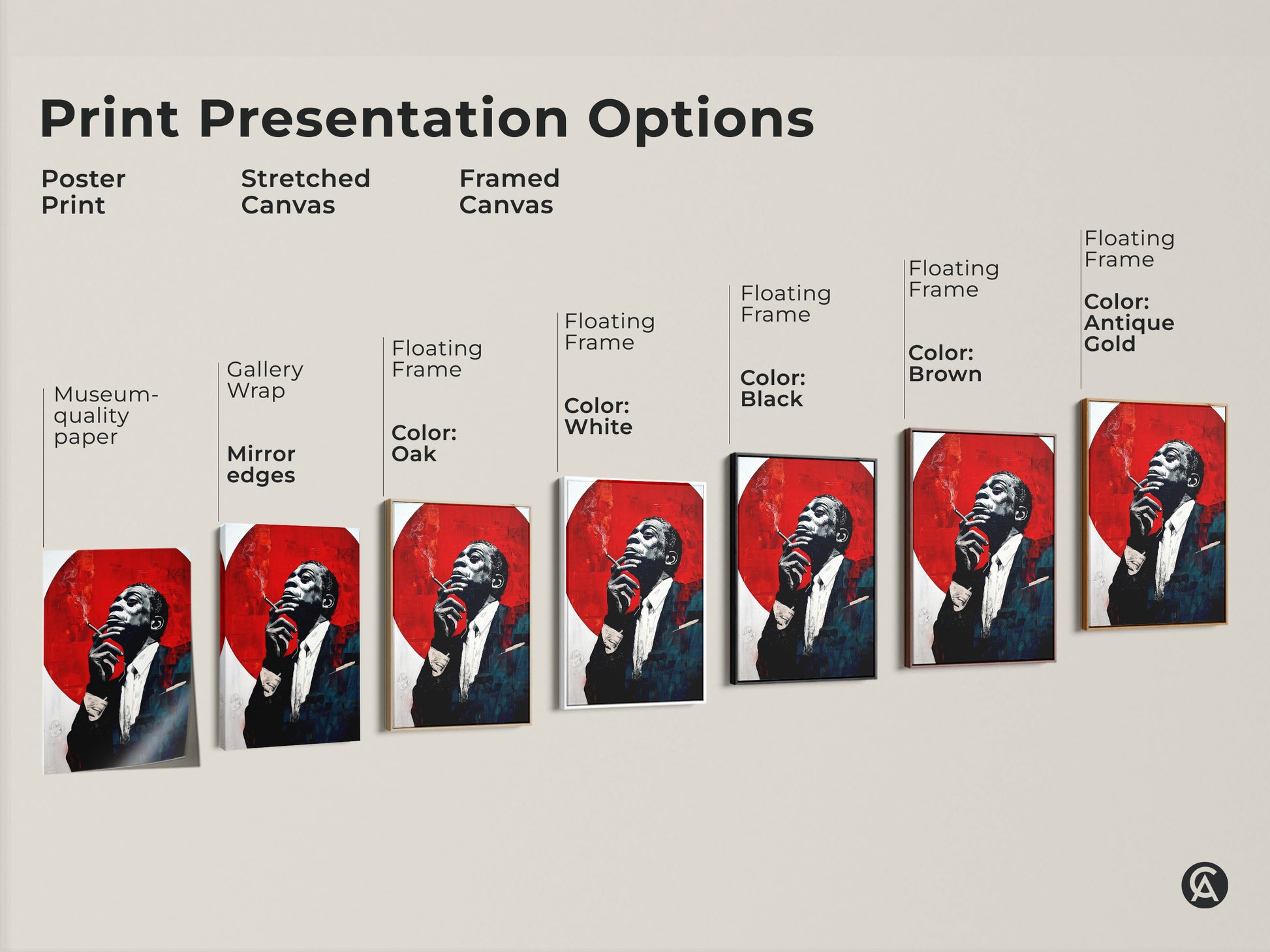 Print presentation options for jazz musician canvas prints and posters. Museum quality edges are available. Choose from framed canvas options in oak white black brown or antique gold. Find art for music rooms.