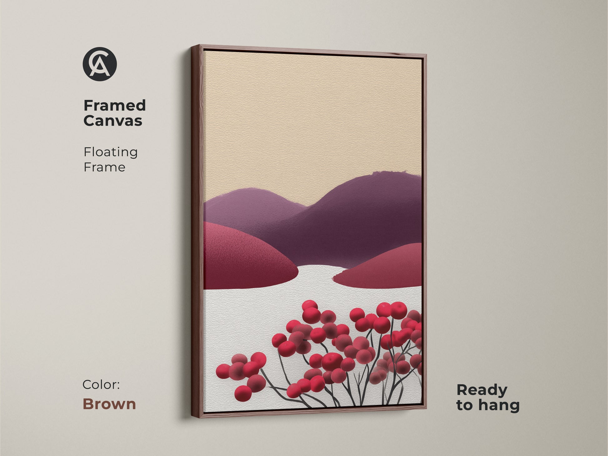 Brown framed canvas of a minimalist berry landscape. This Scandinavian folk art print showcases abstract hills. The red purple beige wall decor adds a natural touch. Perfect housewarming gift.