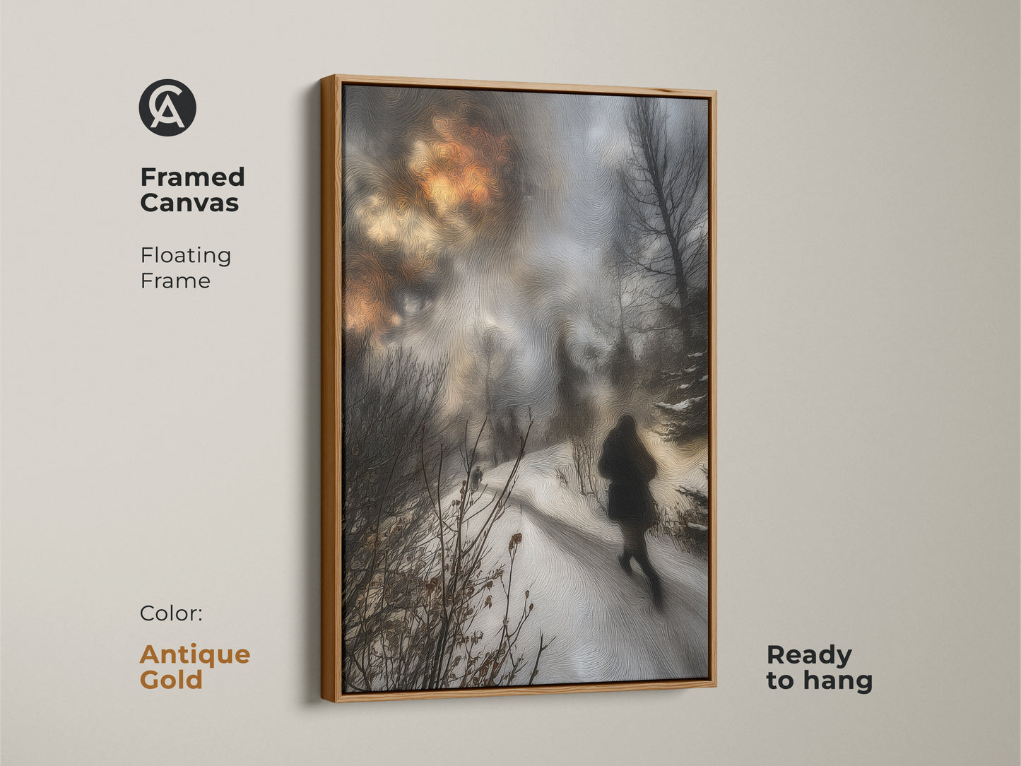 Framed canvas featuring a winter landscape art with an antique gold floating frame.  This modern nature wall hanging is ready to hang. It is a thoughtful gift for hikers and outdoor lovers.