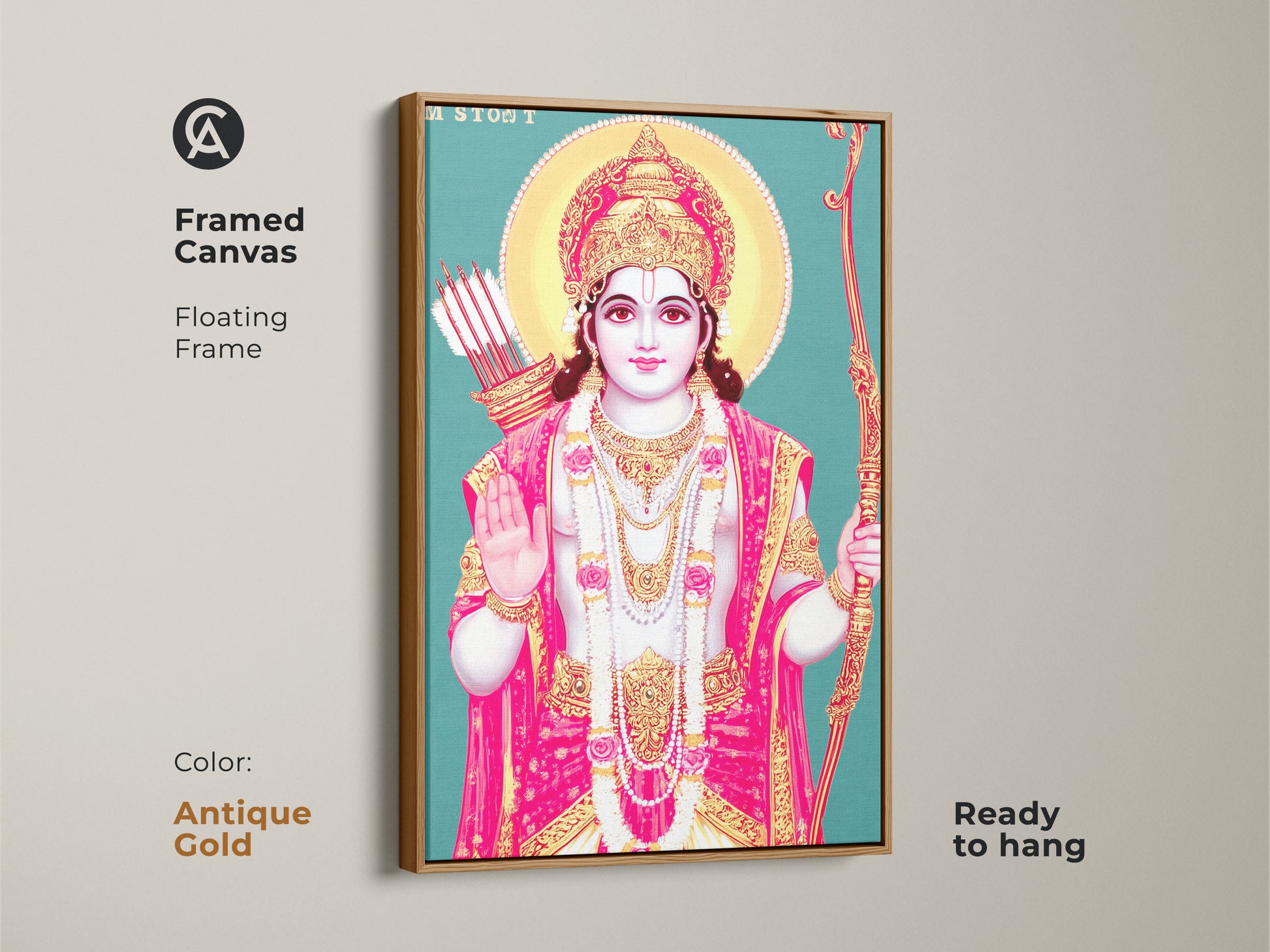 Framed canvas of Lord Rama wall art with an antique gold floating frame. Ready to hang religious artwork. The teal gold and pink palette makes it an eye-catching deity print.