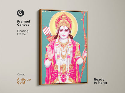 Framed canvas of Lord Rama wall art with an antique gold floating frame. Ready to hang religious artwork. The teal gold and pink palette makes it an eye-catching deity print.