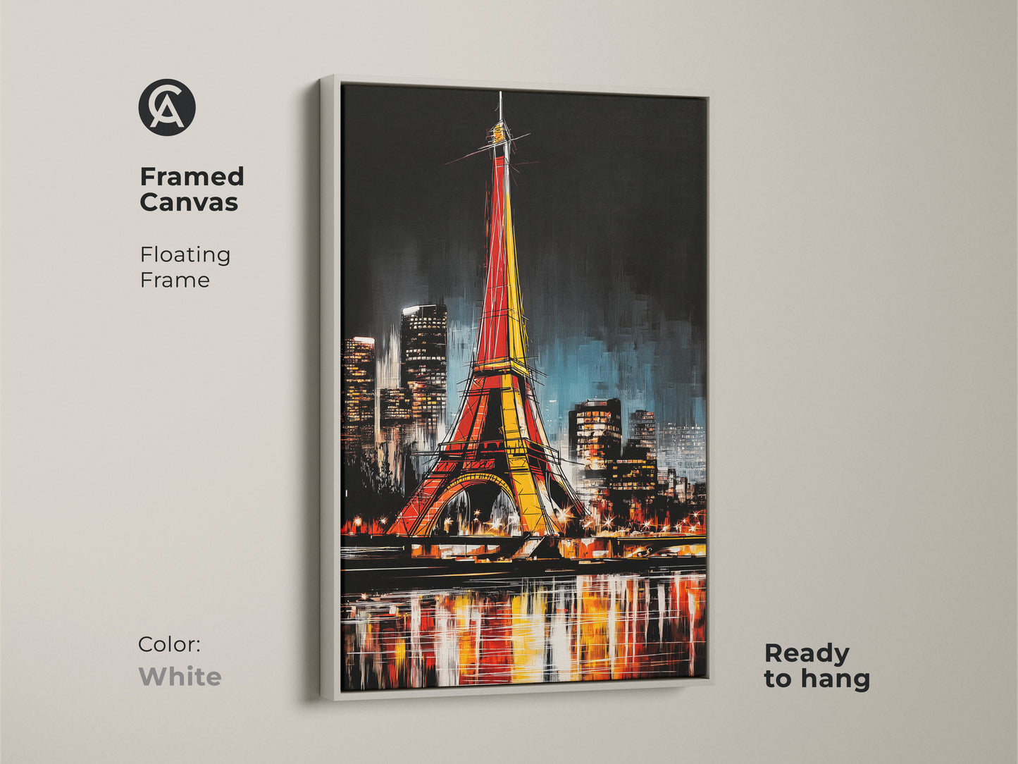 White framed canvas presents a modern Eiffel Tower artwork. The floating frame is ready to hang offering a clean look. This contemporary Paris cityscape art complements any decor.