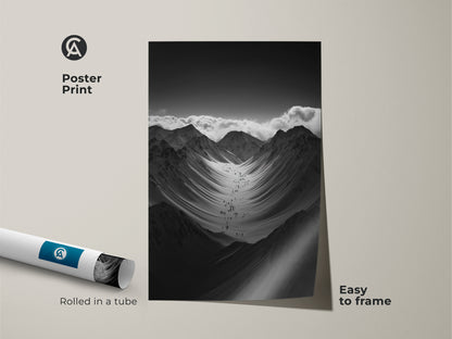 Rolled monochrome mountain artwork poster print in a tube. This black and white nature scenery is easy to frame. The nature scenery wall art is perfect for modern home decor. A group of hikers are ascending a snowy mountain range.